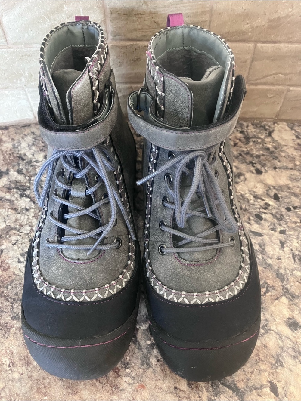 JBU Gray and Black Lace-Up Winter Boots with Pink Accent